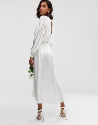 asos edition ruched batwing midi dress in satin