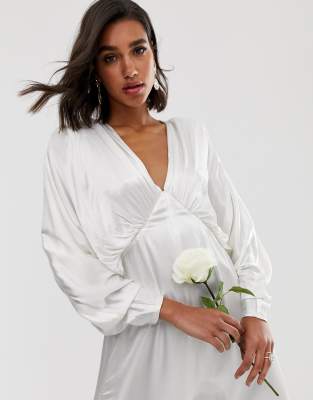 asos edition ruched batwing midi dress in satin