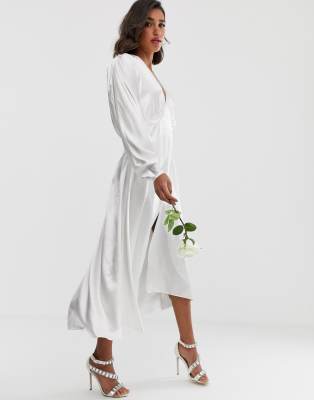 asos edition ruched batwing midi dress in satin