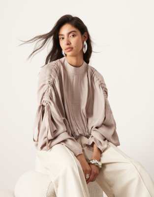 ruched detail slouchy oversized sleeve top in mushroom-Multi