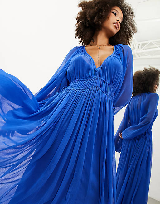 ASOS EDITION ruched gathered waist chiffon maxi dress in bright blue
