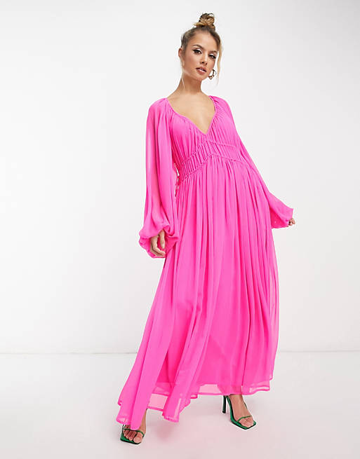 ASOS EDITION ruched gathered waist chiffon maxi dress in hot pink