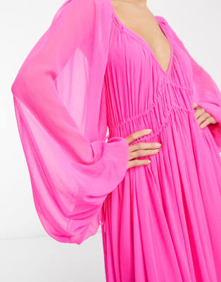 ASOS EDITION ruched gathered waist chiffon maxi dress in hot pink | ASOS