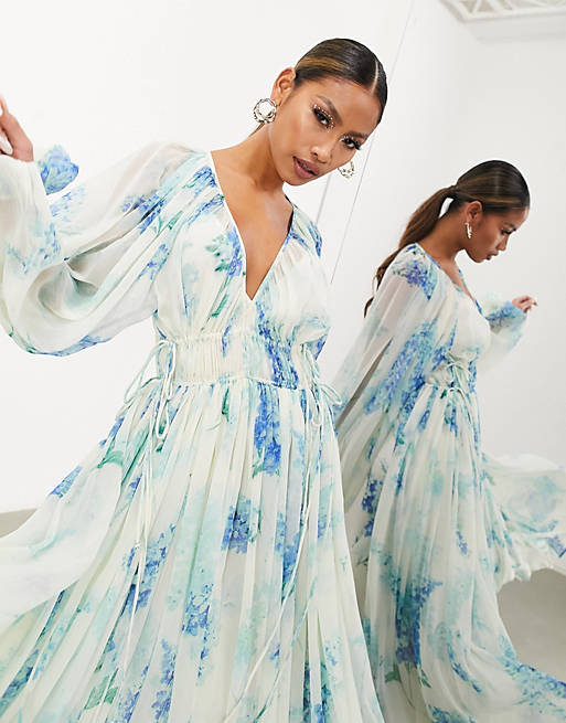 ASOS EDITION ruched gathered waist drawstring maxi dress in blue floral  print
