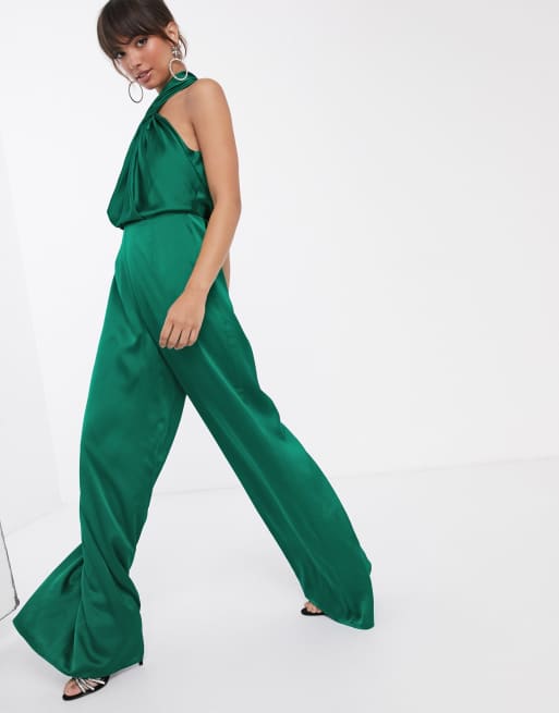 ASOS DESIGN structured halter jumpsuit with tie waist detail in chartreuse