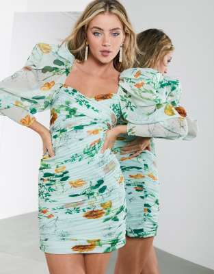 ASOS EDITION ruched mini dress with puff sleeves in green floral print-Multi