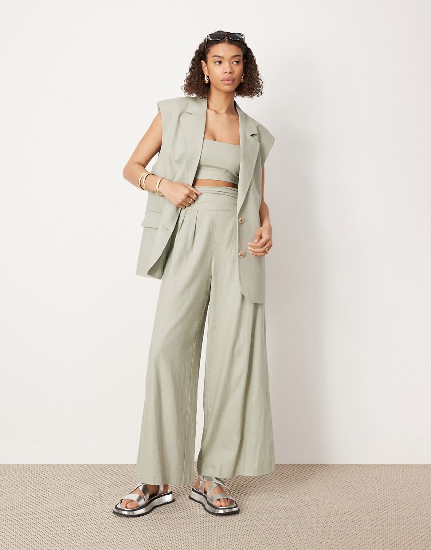 Asos Design Ruched Waistband Super Wide Leg Tailored Pants In Dusky Green - Part Of A Set-gray