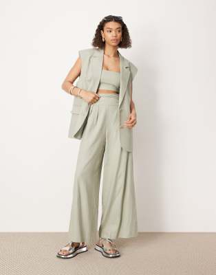 ASOS EDITION ASOS EDITION ruched waistband super wide leg tailored trouser co-ord in dusky green-Grey