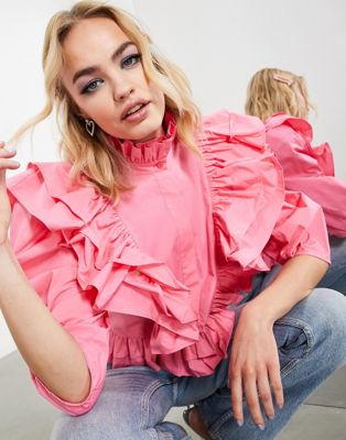 ASOS EDITION ruffle detail shirt with high neck in pink - ASOS Price Checker