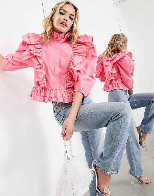 Women Shirts & Blouses/ruffle detail shirt with high neck in pink 