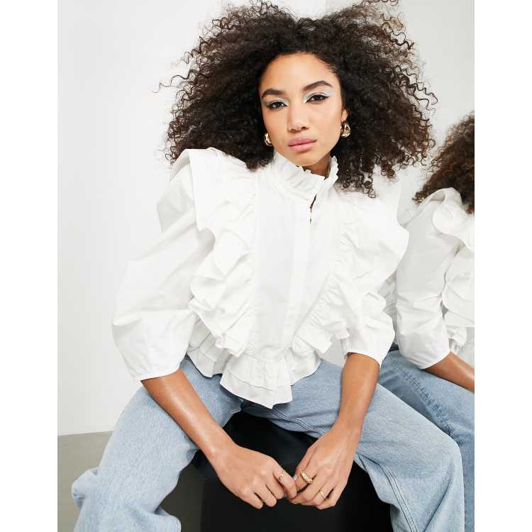 Ruffle neck store white shirt