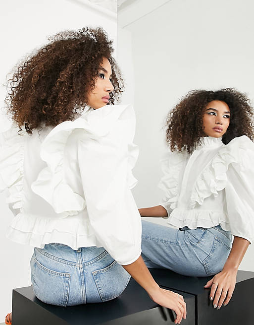 Women Shirts & Blouses/ruffle detail shirt with high neck in white 