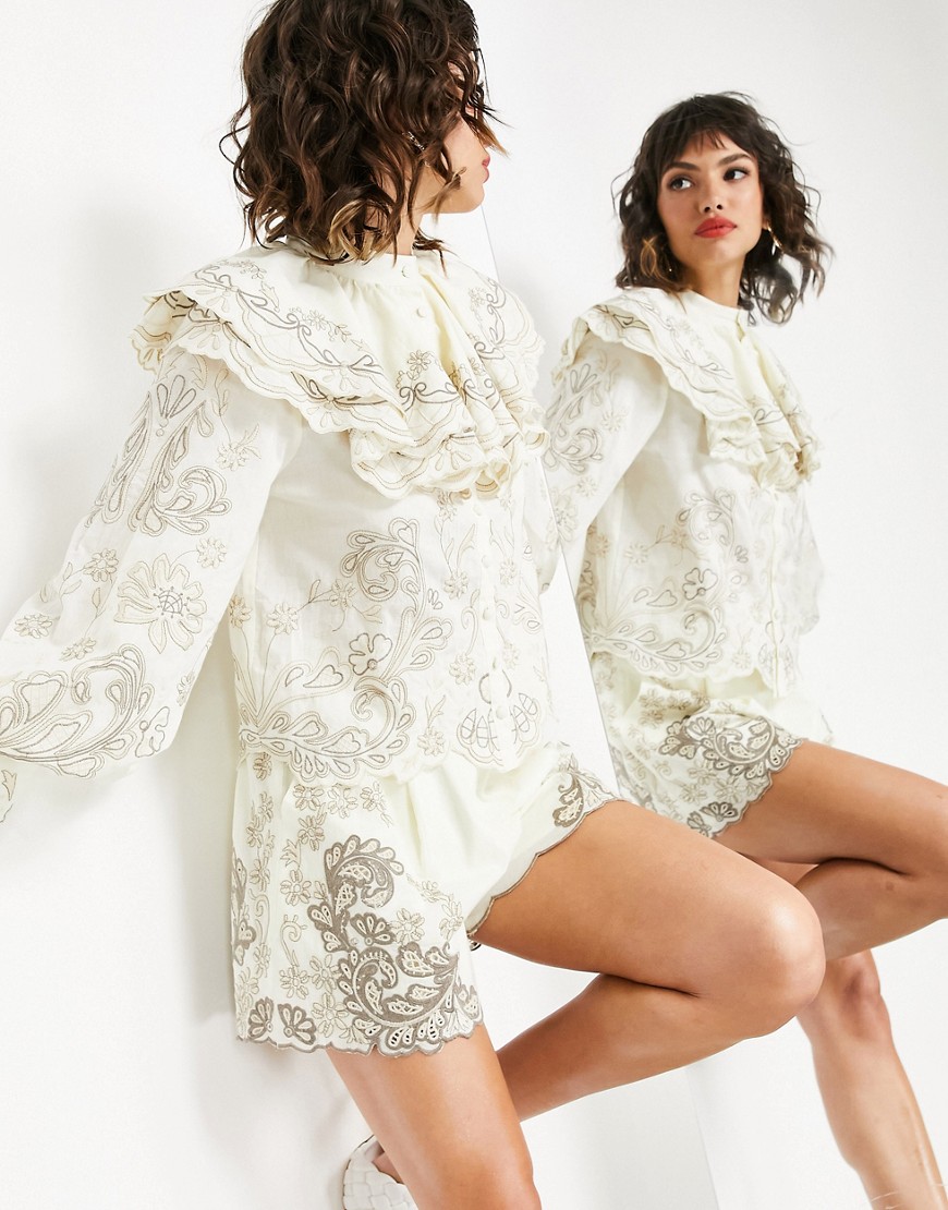 ASOS EDITION ruffle shirt with tonal embroidery in ivory-White