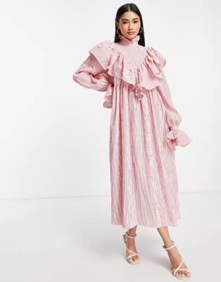 ASOS EDITION ruffle smock midi shirt dress in stripe - ASOS Price Checker