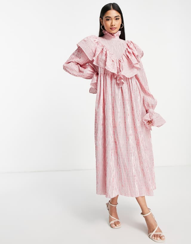 ASOS EDITION ruffle smock midi shirt dress in stripe