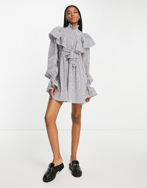 ASOS EDITION ruffle smock mini shirt dress in navy stripe | ASOS