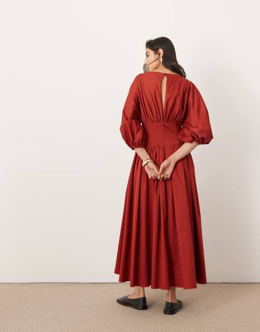 ASOS EDITION - Rustrød midaxi-kjole med indsyet talje og ballonærmer i bomuld, 2 af 4