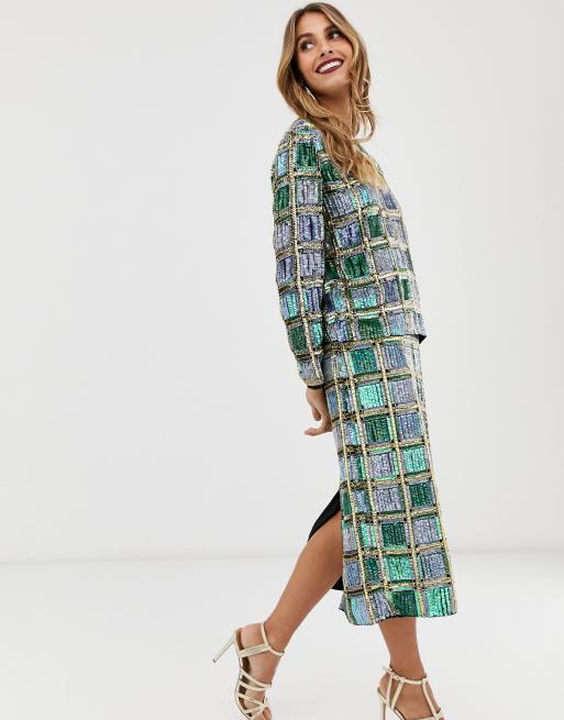 ASOS EDITION – Rutig midikjol med paljetter