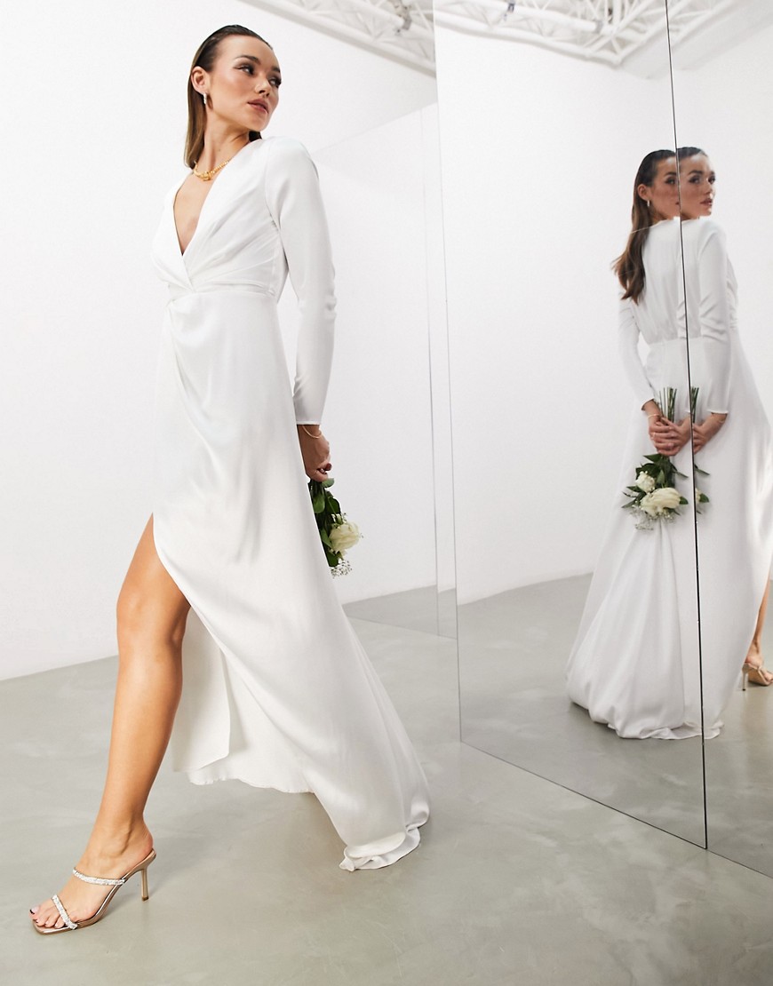 ASOS EDITION Sadie pleated plunge wrap wedding dress in satin-White
