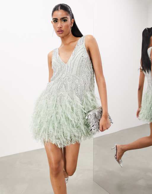 ASOS EDITION – Salviagrön miniklänning med strass, pärlor och fuskfjäderfåll, 4 av 4