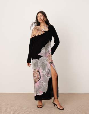 ASOS EDITION - Samt-Maxikleid in Schwarz mit Blumenstickerei