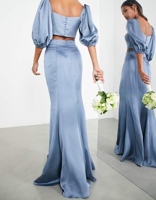 ASOS EDITION - Satijnen lange rok met fishtail in vaalblauw, deel van co-ord set