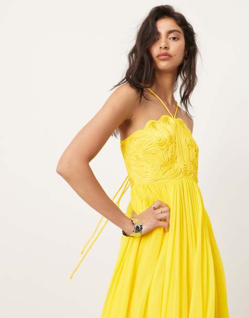 ASOS EDITION - Satijnen maxi jurk met cornelli-borduurwerk en rok van chiffon in geel, 2 van 4