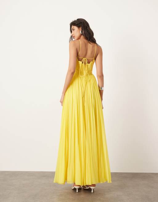 ASOS EDITION - Satijnen maxi jurk met cornelli-borduurwerk en rok van chiffon in geel, 4 van 4