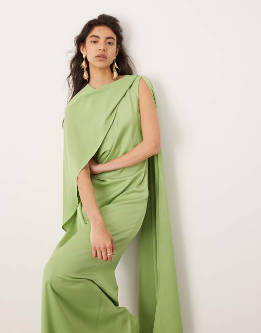ASOS EDITION - Satijnen maxi jurk met gedrapeerd detail gerimpelde taille in saliegroen, 3 van 4