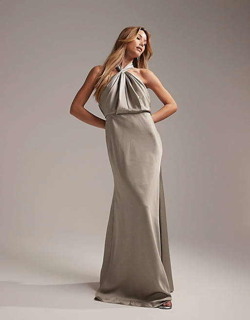 ASOS EDITION - Satijnen maxi-jurk met halternek en rimpeleffect in saliegroen