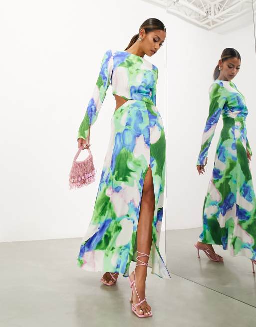 ASOS Edition - Satijnen midi-jurk met lange mouwen, uitsnijding en groene waterverfprint, 2 van 4
