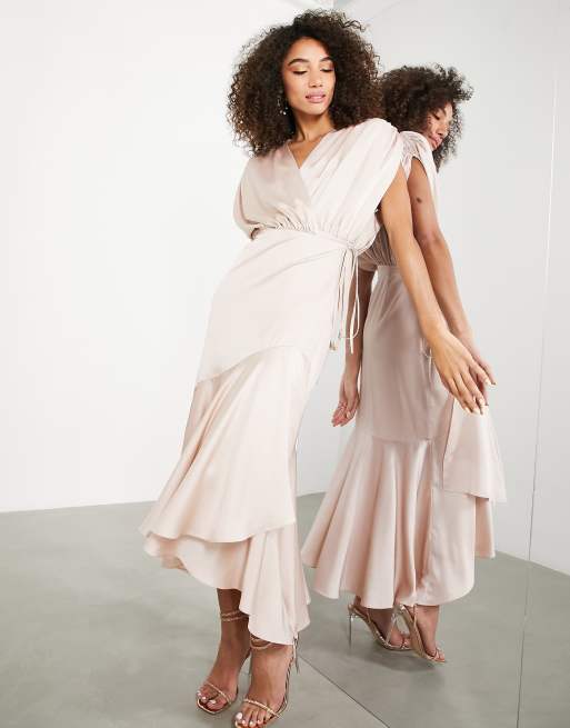 ASOS EDITION Satijnen midi jurk met overslag en ruches in blush ASOS