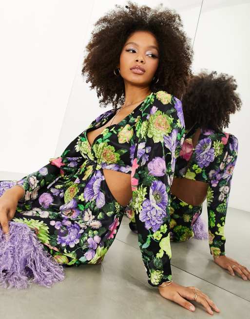 ASOS EDITION - Satijnen midi-jurk met uitsnijding aan de achterkant in felle bloemenprint