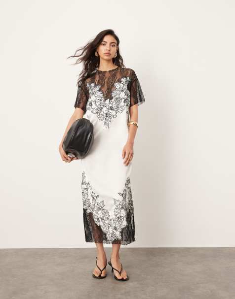 ASOS EDITION satin and contrast lace applique embroidered column midi dress in white - view 1