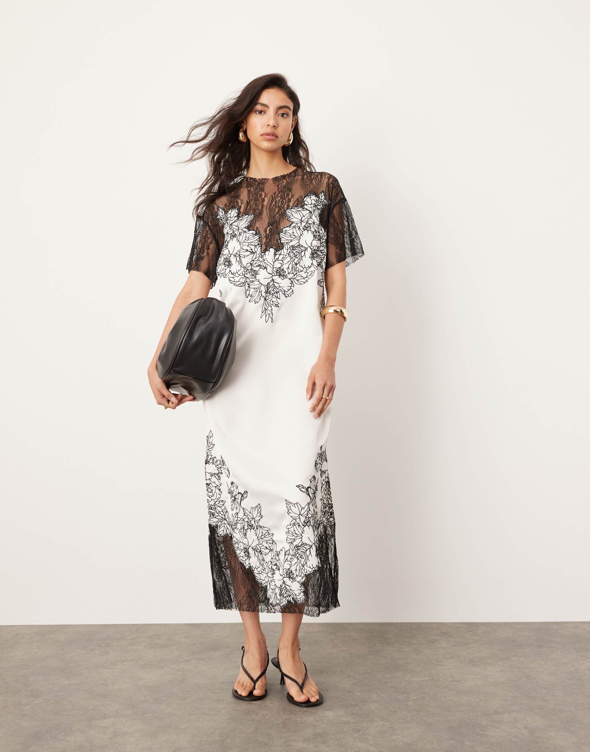 asos edition satin and contrast lace applique embroidered column midi dress in white