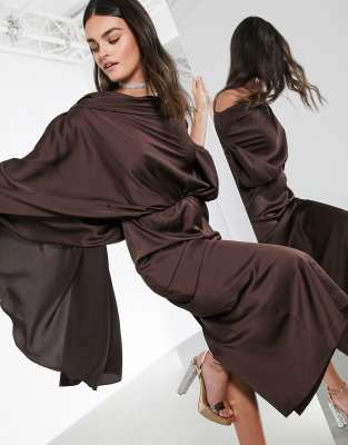 ASOS EDITION satin asymmetric midi dress in chocolate-Brown