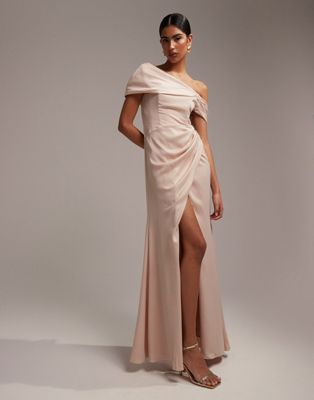 Asos Design Satin Bardot Drape Wrap Maxi Dress In Blush-pink