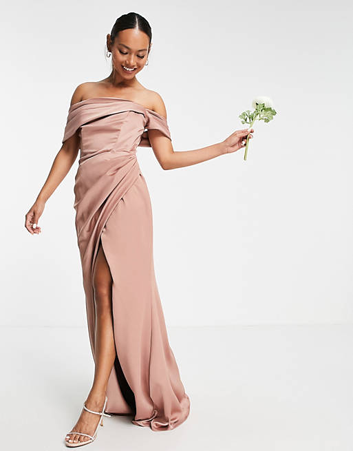 ASOS EDITION satin bardot drape wrap maxi dress in cinnamon rose