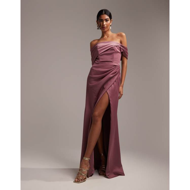 ASOS EDITION satin bardot drape wrap maxi dress in orchid | ASOS