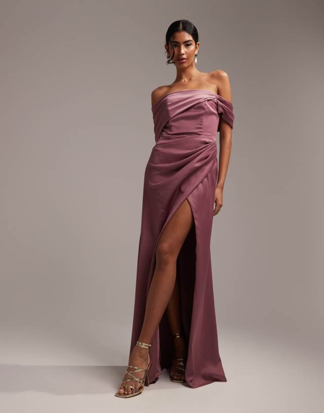 ASOS EDITION satin Bardot drape wrap maxi dress in orchid