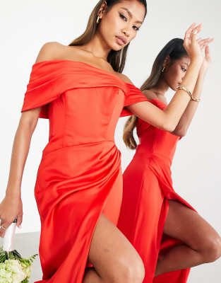 ASOS EDITION satin bardot drape wrap maxi dress in red