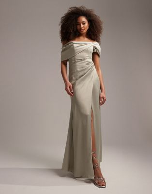 Shop Asos Design Bridesmaid Satin Bardot Drape Wrap Maxi Dress In Sage Green