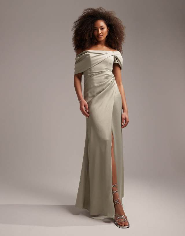 ASOS EDITION satin bardot drape wrap maxi dress in sage green