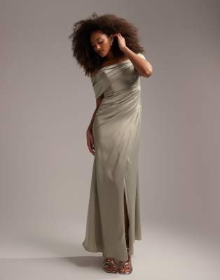 ASOS DESIGN BRIDESMAID SATIN BARDOT DRAPE WRAP MAXI DRESS IN SAGE GREEN,PN9908A