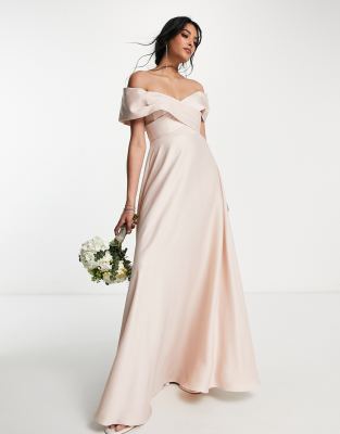 ASOS DESIGN satin bardot maxi dress with full skirt in blush - LPINK