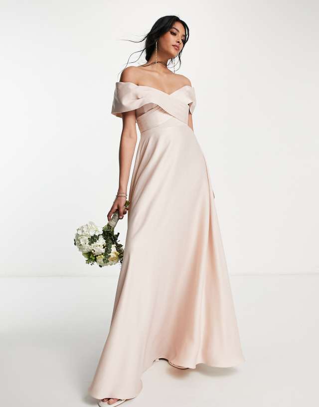 ASOS EDITION satin bardot maxi dress with full skirt in blush