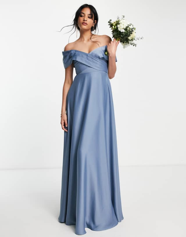 ASOS EDITION satin bardot maxi dress with full skirt in dusky blue