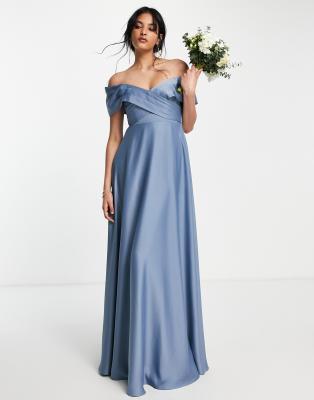 ASOS EDITION satin bardot maxi dress with full skirt in dusky blue - ASOS Price Checker