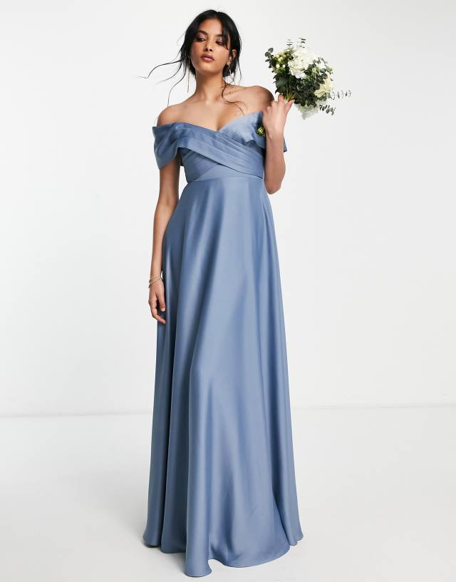 ASOS EDITION satin bardot maxi dress with full skirt in dusky blue