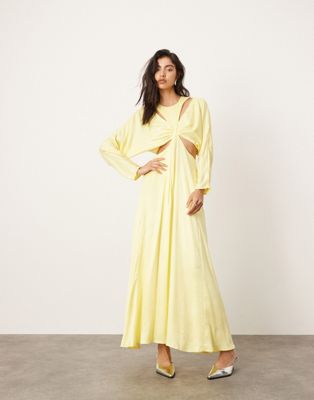 satin batwing maxi dress with cut out detail in lemon-Black